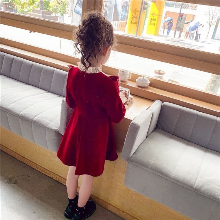 赤コーデ レトロ調フリルベロア子供ドレス