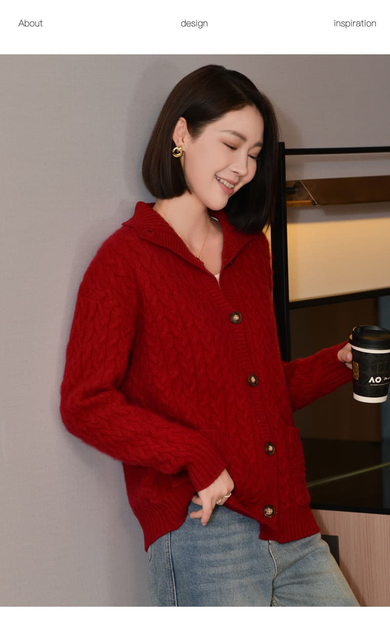 赤コーデ 赤コーデ ふんわり編み込みショールカーディガン