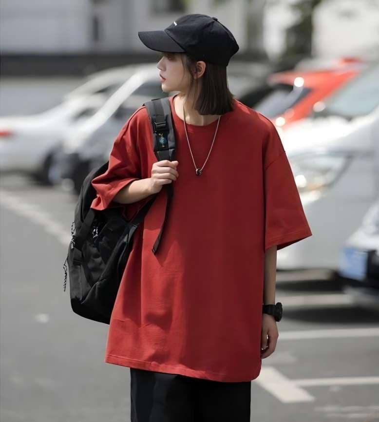 赤コーデ 赤コーデ ゆったり五分袖リラックスシルエット