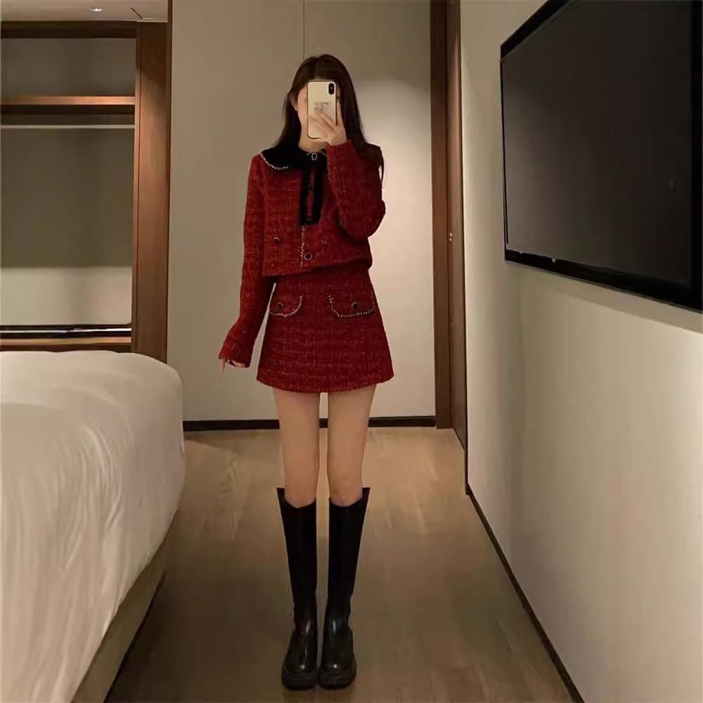 赤コーデ ツイード調セットアップ ミニスカート