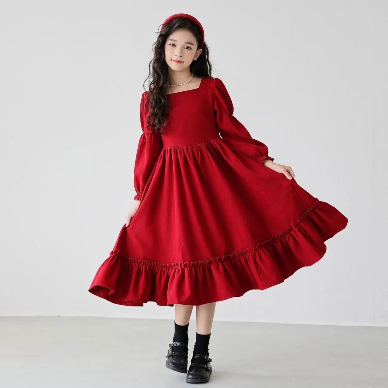 赤コーデ お姫様ふんわりロングワンピース