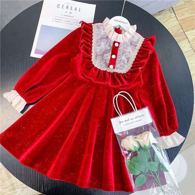 赤コーデ レトロ調フリルベロア子供ドレス