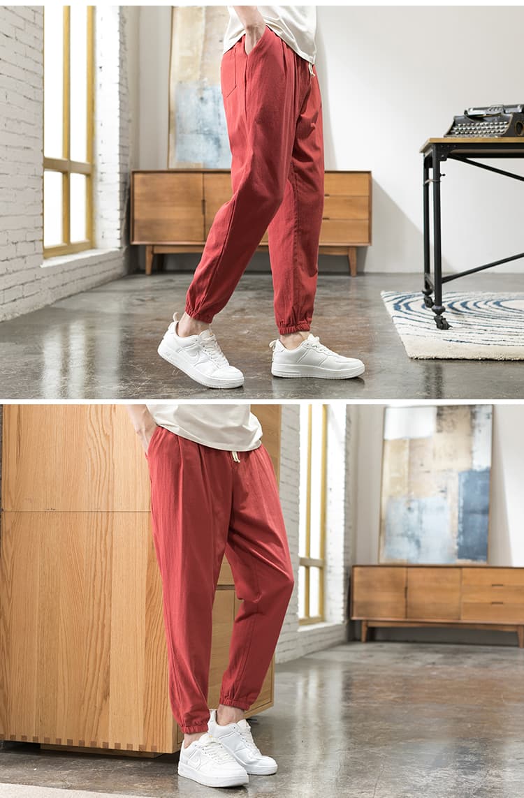 赤コーデ シンプル裾リブスウェットパンツ
