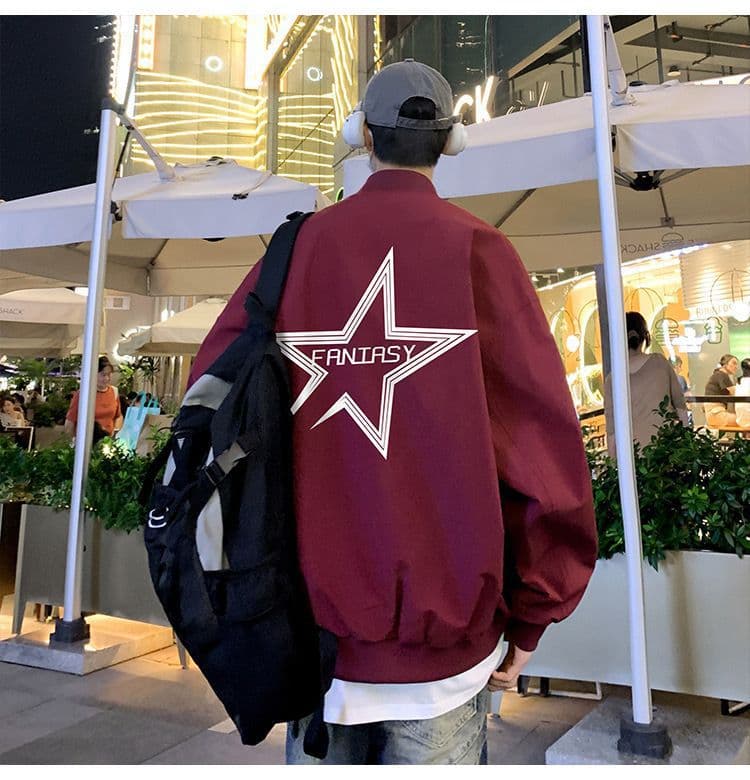 赤コーデ 赤コーデ 星柄ワッペン付きスタジアムジャンパー