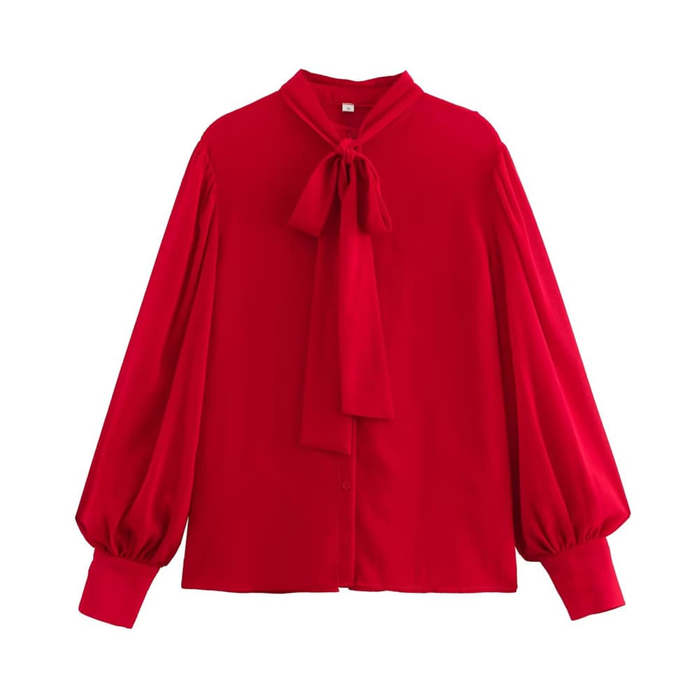 赤コーデ リボン付き優美ブラウス