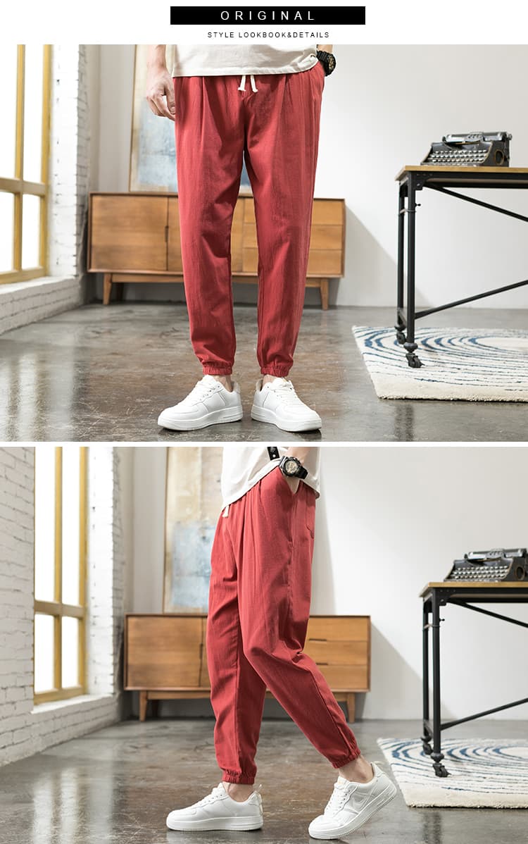 赤コーデ シンプル裾リブスウェットパンツ