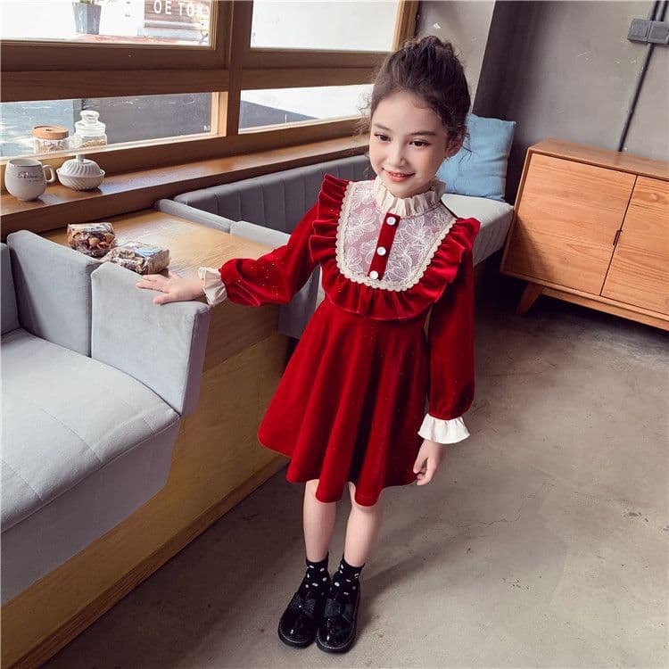 赤コーデ レトロ調フリルベロア子供ドレス