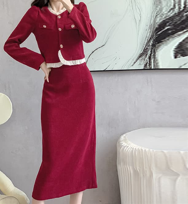 赤コーデュロイ ジャケット＆ロングスカート セット 春服