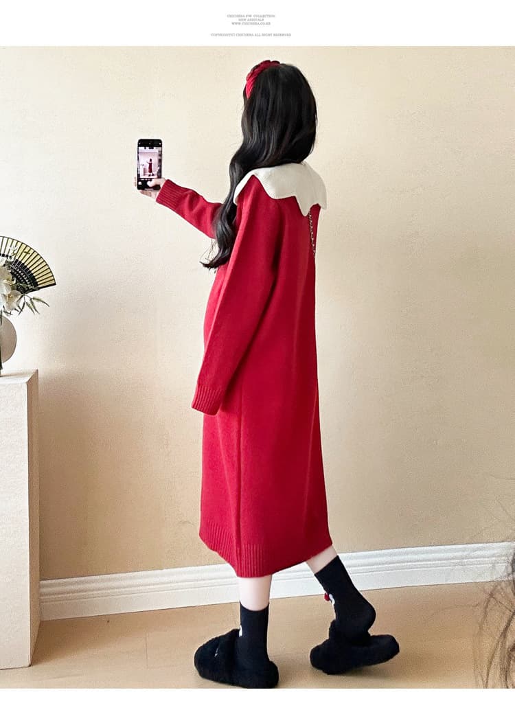 赤コーデ ふんわり襟りぼんニットワンピース