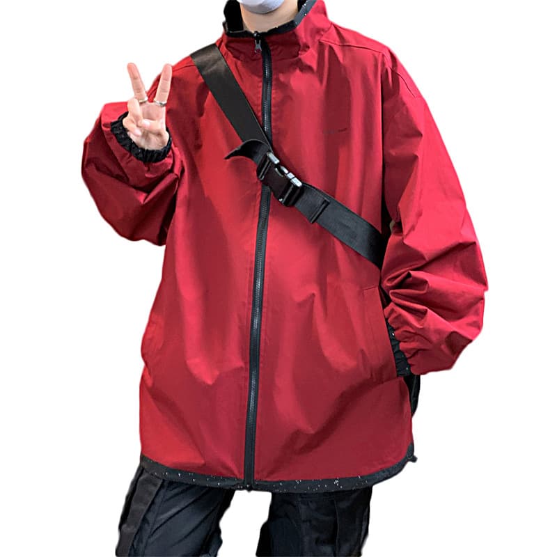 赤コーデ メンズオーバーサイズ防風軽量ジャンパー