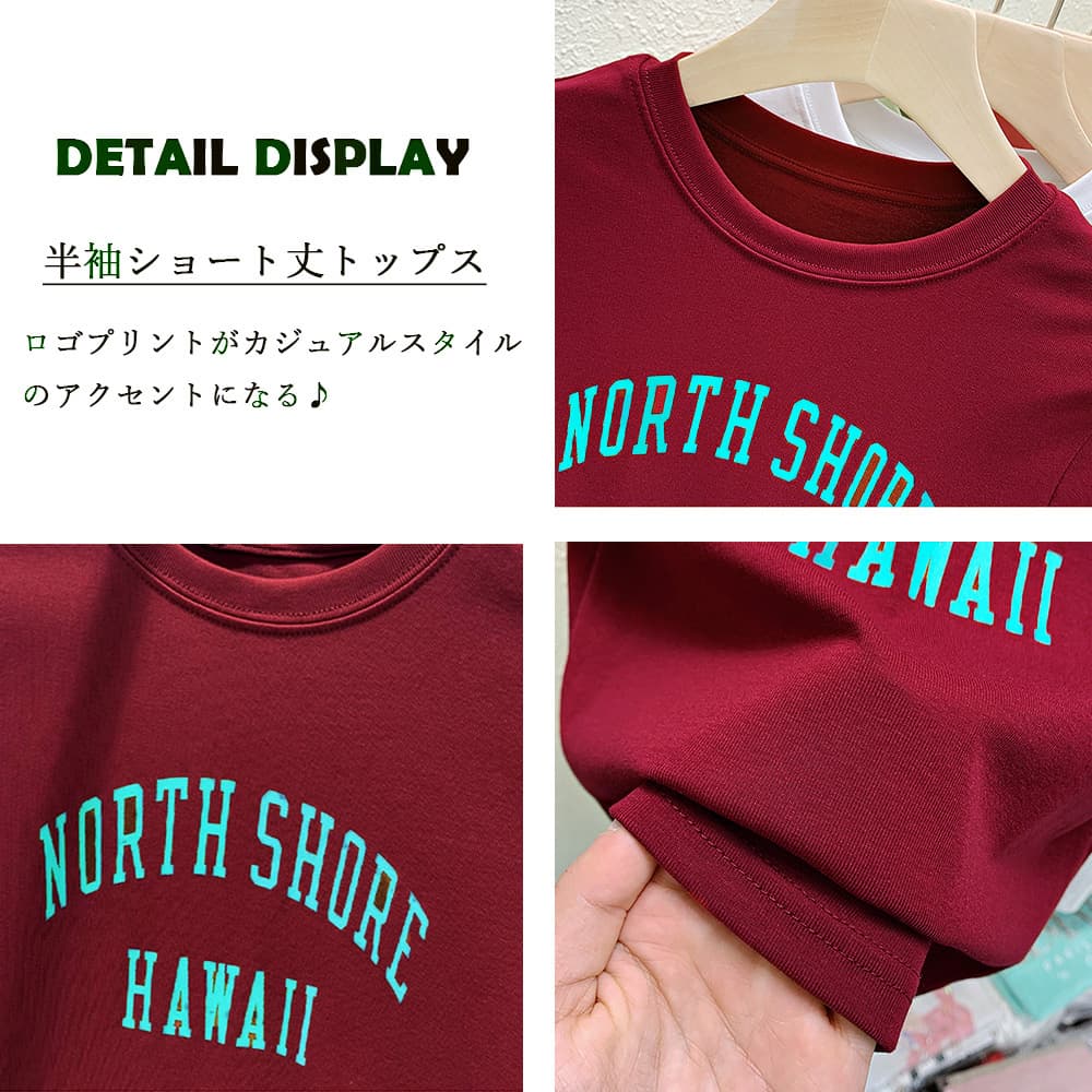 赤コーデ ロゴ入りショート丈トップス レディース 半袖
