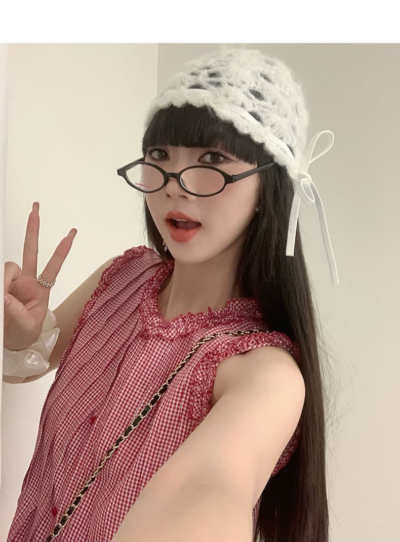 赤コーデ 赤コーデ 格子柄フリルネックノースリーブ