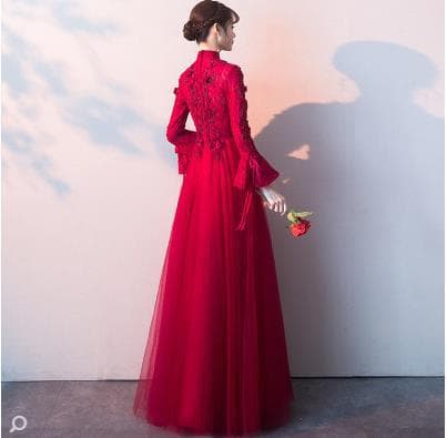 赤コーデ 赤コーデ 華麗な立襟チュールロングドレス