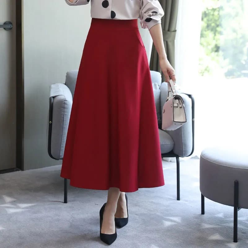 赤コーデ 赤コーデ 優美なフレアロングスカート