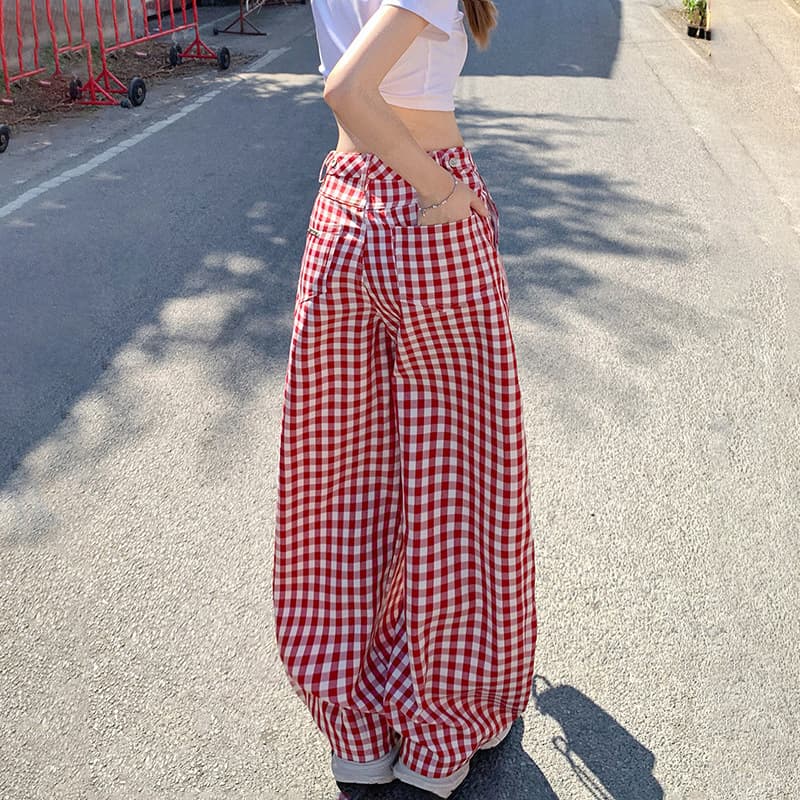 赤コーデ 赤コーデ ギンガムチェックワイドパンツ