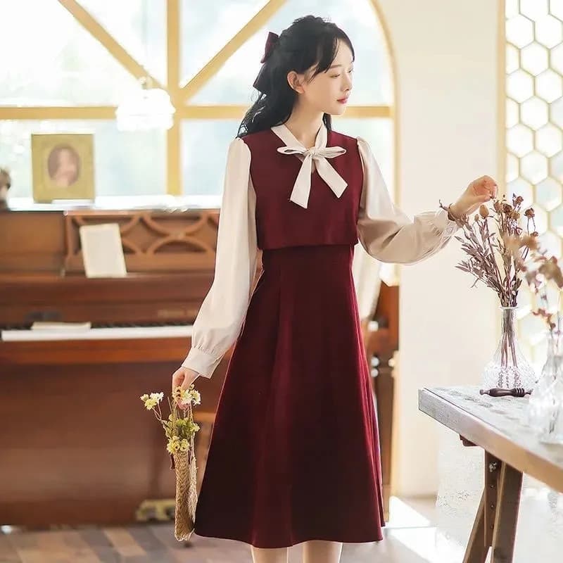 赤コーデ リボン付きロマンティック ツーピース風ワンピース