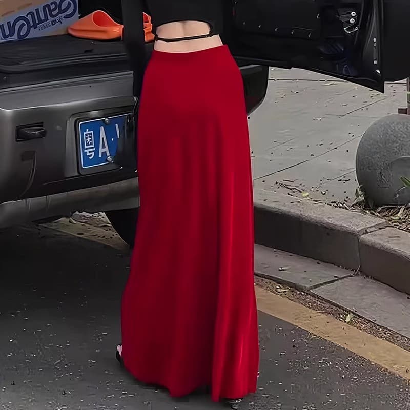 赤コーデ 赤コーデ 優雅なきらめきロングスカート