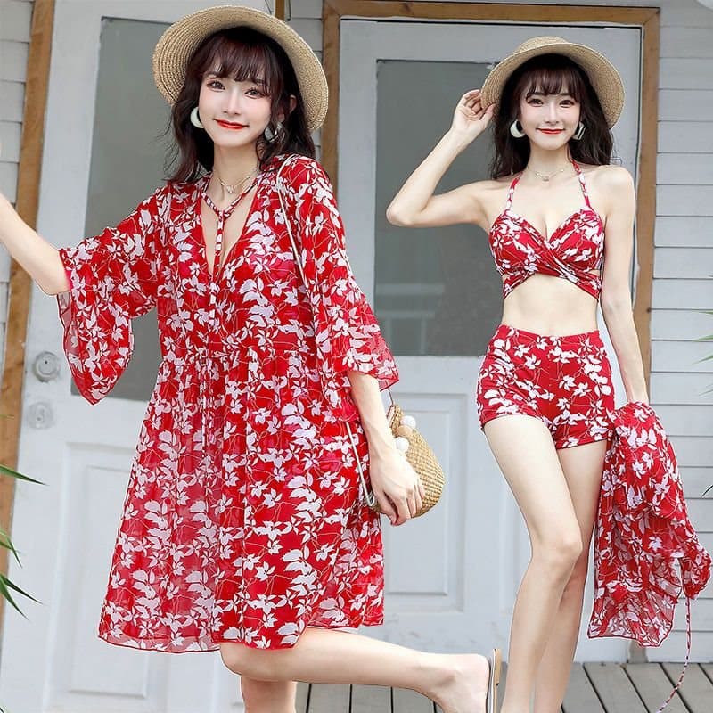 赤コーデ 華やか花柄リゾート3点セット水着