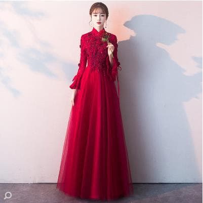 赤コーデ 赤コーデ 華麗な立襟チュールロングドレス